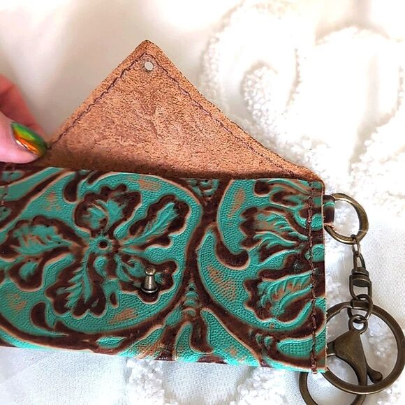 Turquoise and Brown Leather Tooled Artisan Keychain/C Card Money /Mini Wallet - Picture 5 of 10